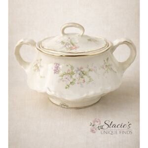 Vintage Homer Laughlin Floral Sugar Bowl w Lid Gold Trim USA